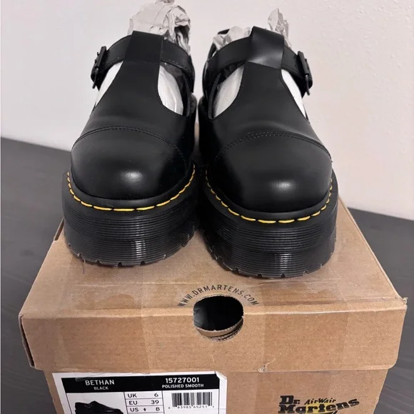 Dr. Martens Black Bethan Shoes with Yellow Stitching - Picture 1 of 5